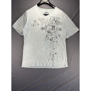 Y2K Helix V-Neck T Shirt Men's Large Blue Heather Military Graphic Wings Grunge